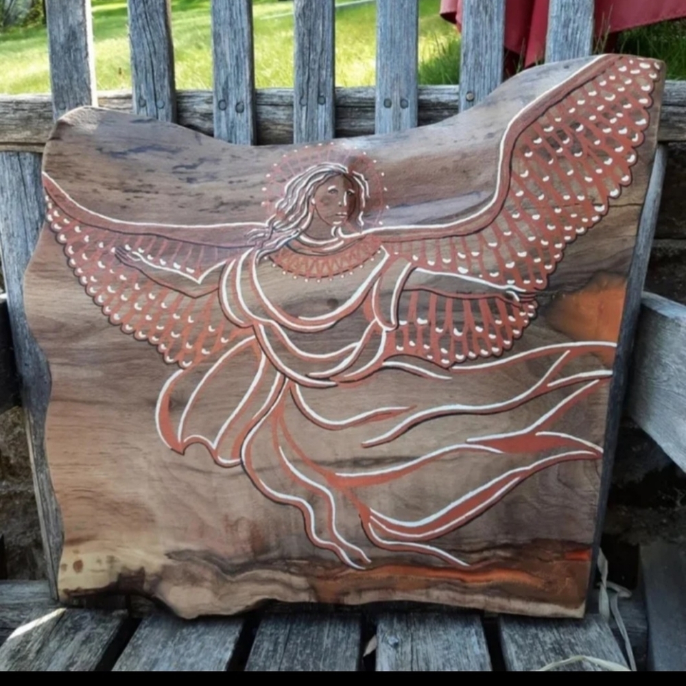 Handpainted angel on black walnut slab live edge one of a kind original …